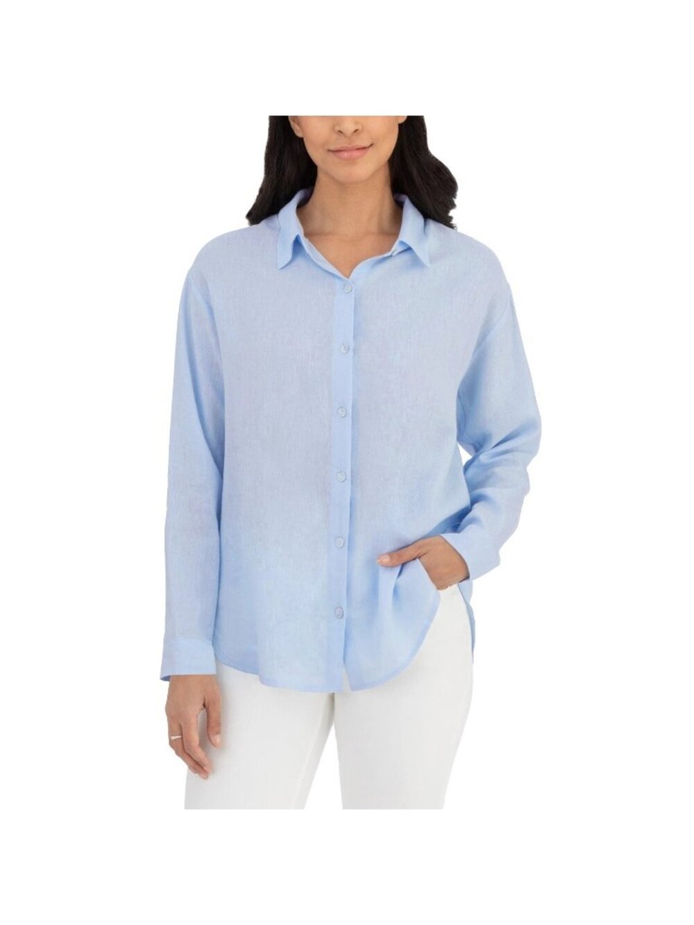 💥   Women's S Light Blue Linen-Blend Button-Up Shirt B0784